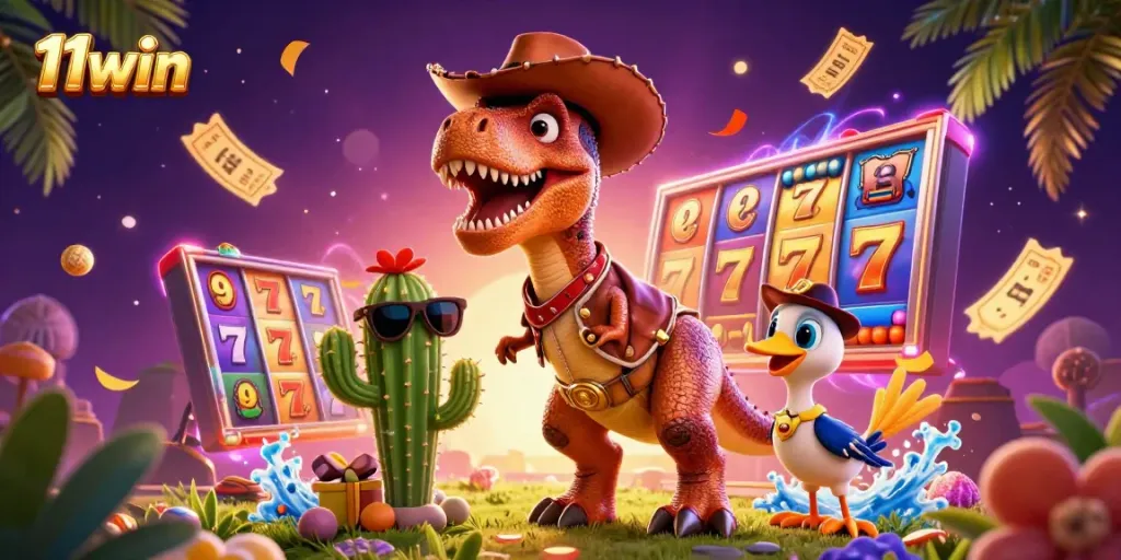Engaging scene of 11win with a T-Rex, cactus, and roadrunner in a vibrant casino setting.