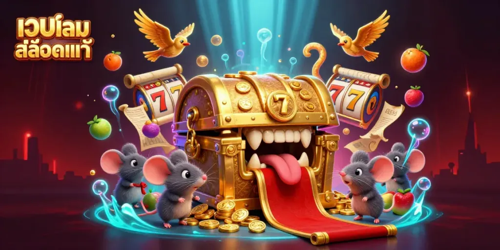 Engage in เว็บเกมสล็อตแท้ with vivid visuals of spinning slot machines, fruit symbols, and treasure-filled scenes.