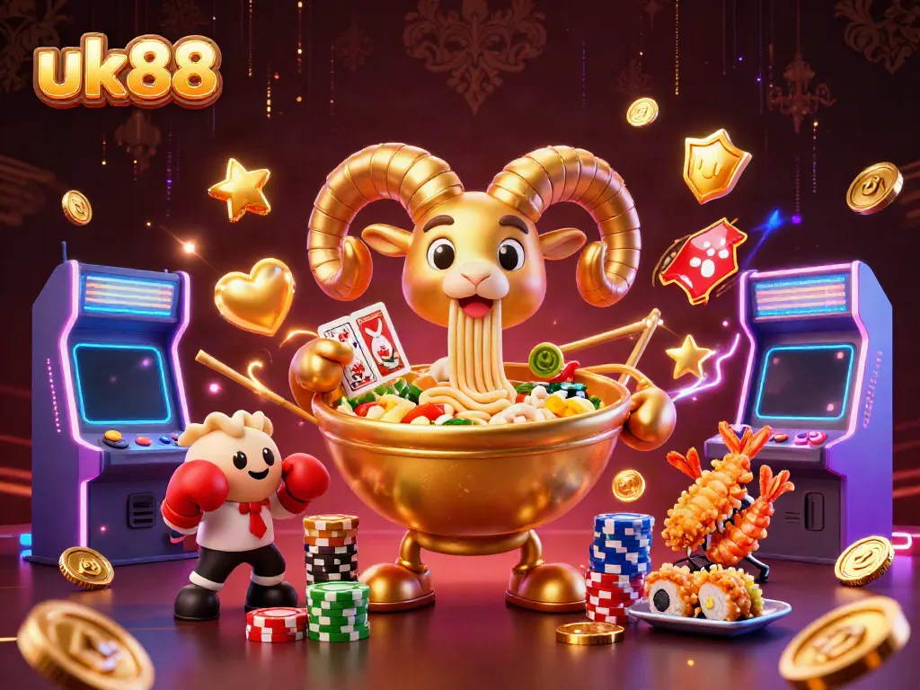 Bet on fun at uk88 with a golden ramen bowl character surrounded by vibrant casino elements.