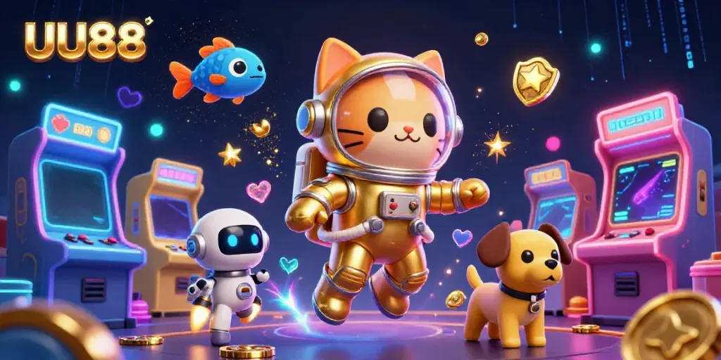 Engage in thrilling gaming adventures with UU88 in this vibrant 3D casino scene.