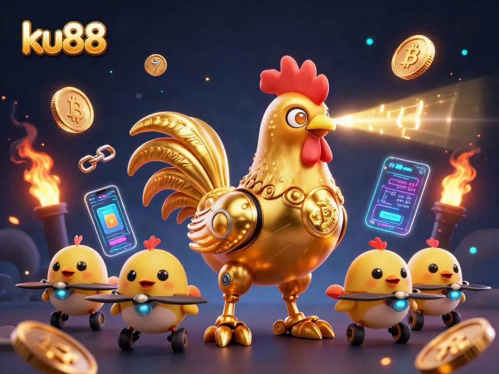 Experience the excitement of ku88 casino with a dynamic 3D illustration showcasing gaming elements and a golden rooster robot.