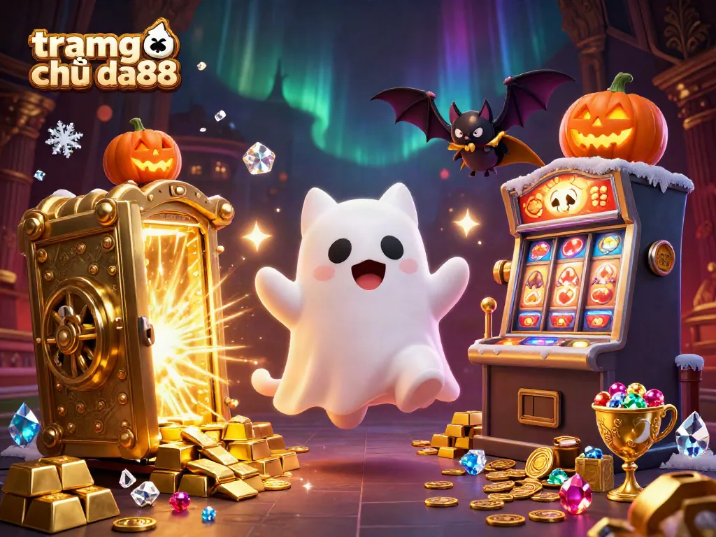Experience thrilling gaming and jackpots on tramg chủ da88 with ghost cat and vampire bat in a haunted casino scene.