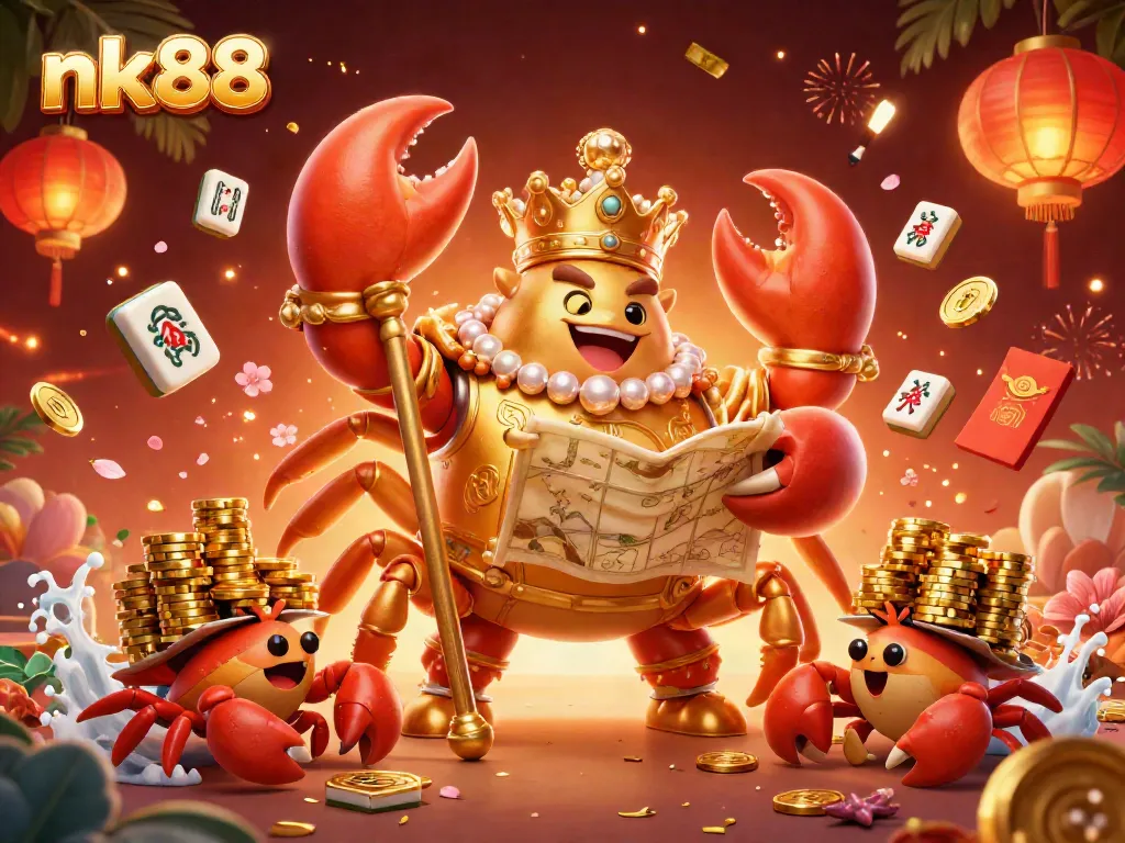Experience the thrill of nk88 as the golden crab emperor oversees a lively casino scene filled with treasures.