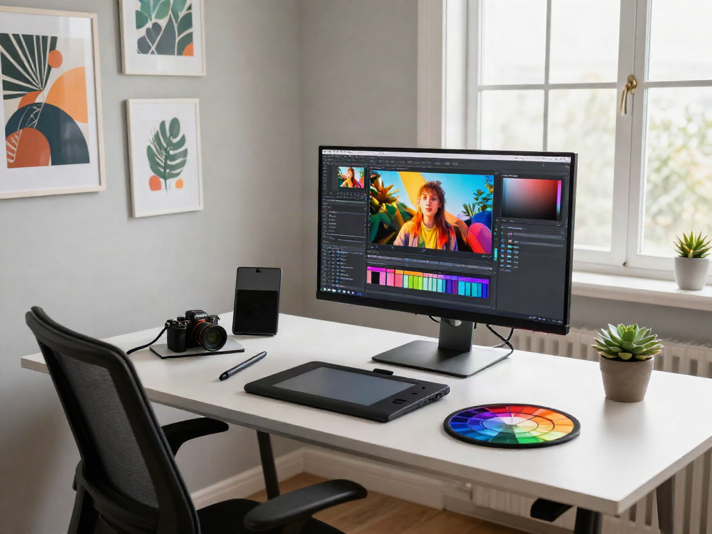 Creative workspace showcasing an ai photo editor in action with vibrant AI photos on the screen and design tools on the desk.