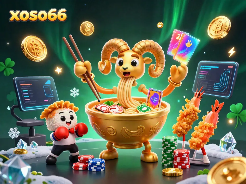 Xoso66 character scene showcasing animated ramen bowl dealing cards amidst vibrant casino elements.
