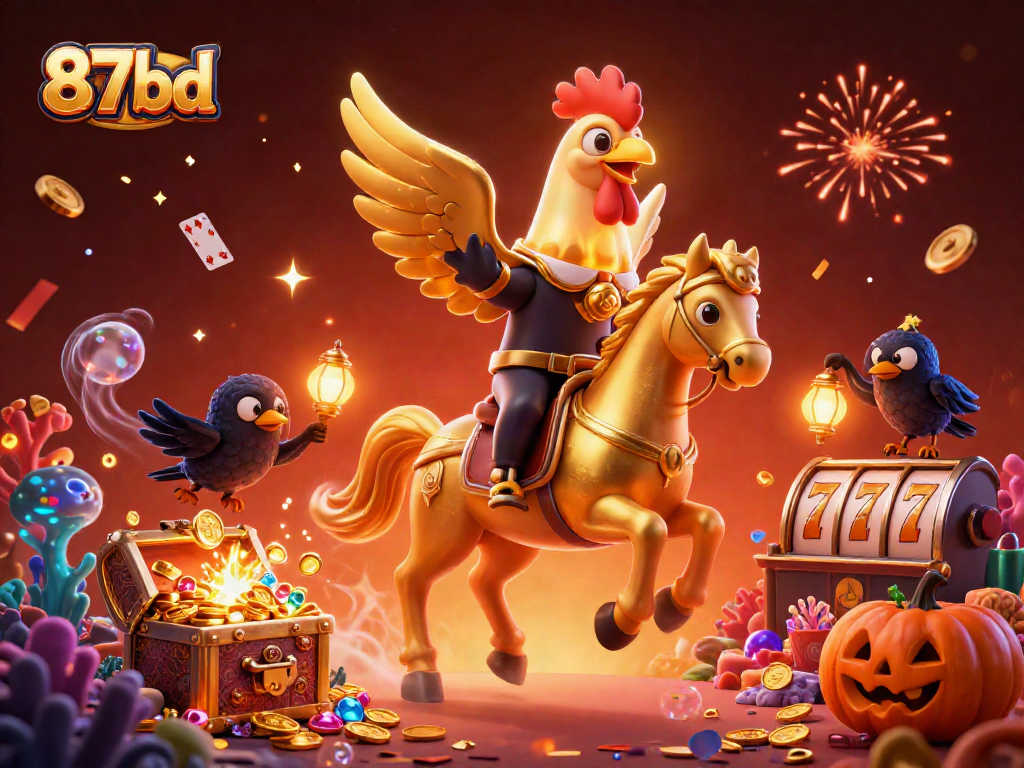 Experience the thrill of gaming with the vibrant 87bd casino scene featuring a golden rooster character and rich treasures.