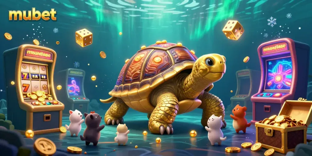 Experience the excitement of mubet in this vibrant, dynamic casino scene featuring a golden tortoise slot machine and animated animals.
