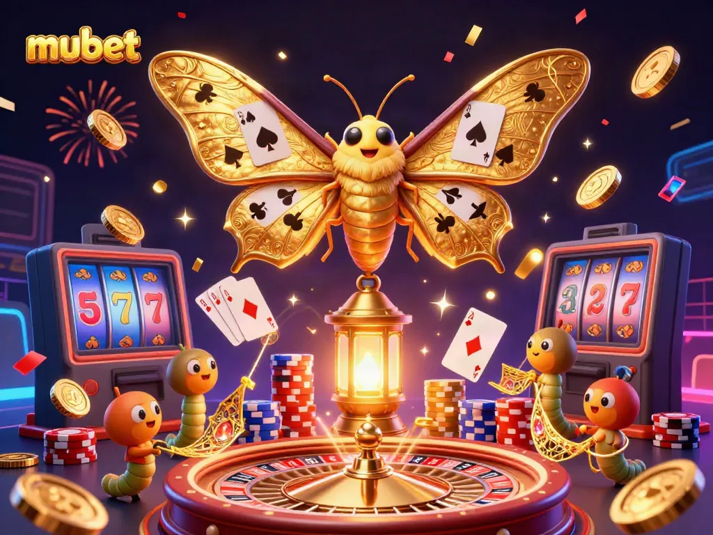 Experience the thrill of mubet with 3D casino elements, a vibrant moth, and dynamic visual effects.