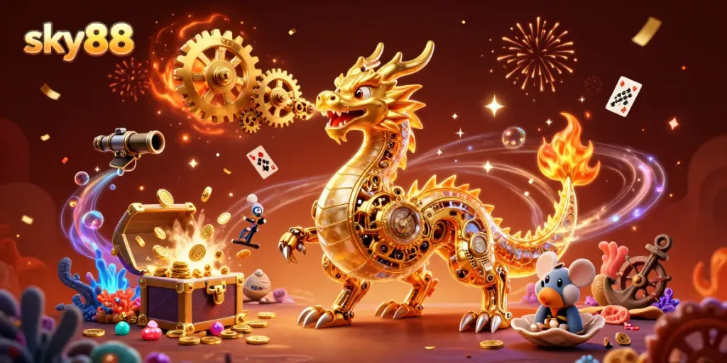 Experience excitement at sky88 with a fantasy dragon and treasure-filled underwater scene.