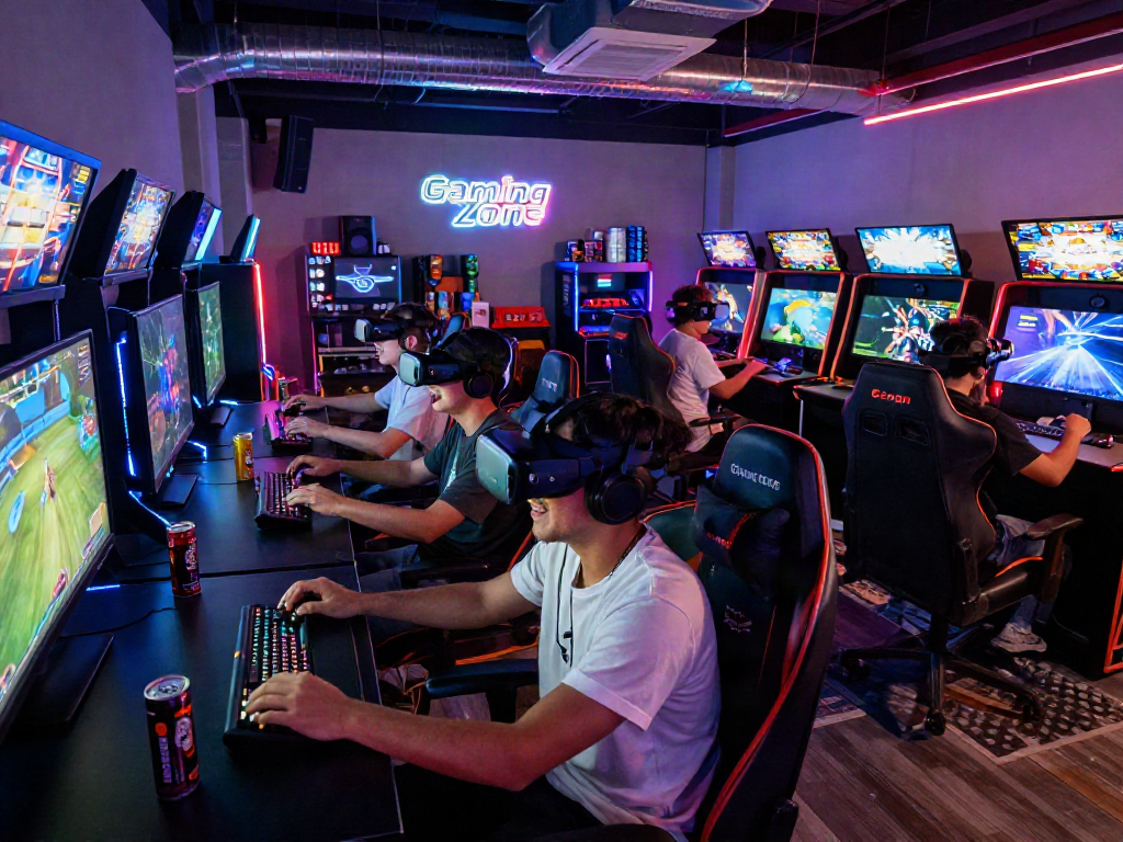Focused gamers enjoying a thrilling porn game experience in a vibrant arcade.