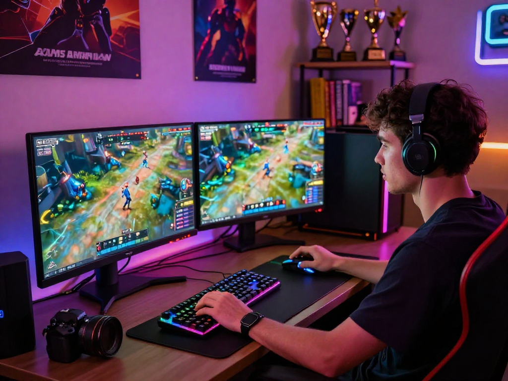 Giocatore immerso in giochi senza AAMS con setup gaming colorato e dinamico.