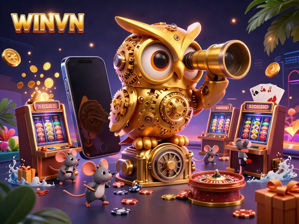 WINVN showcases an engaging casino scene with a golden owl and vibrant slot games.