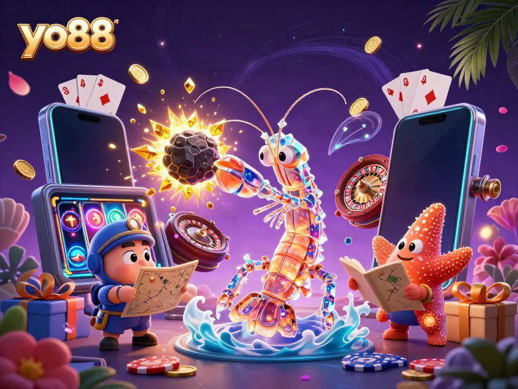 Experience the thrill of yo88 with vibrant casino elements and a galactic samurai mantis shrimp in action.