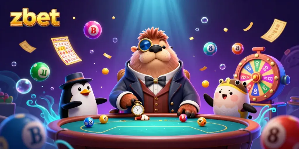 Zbet offers an immersive gambling experience highlighted by vibrant games and unique characters in a casino-themed illustration.