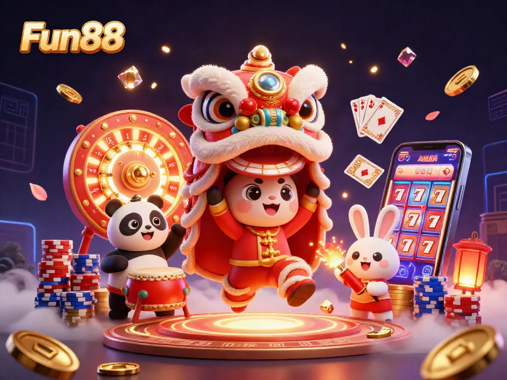 Engage with Fun88's vibrant online casino experience featuring a lion dance, coins, and gaming action.