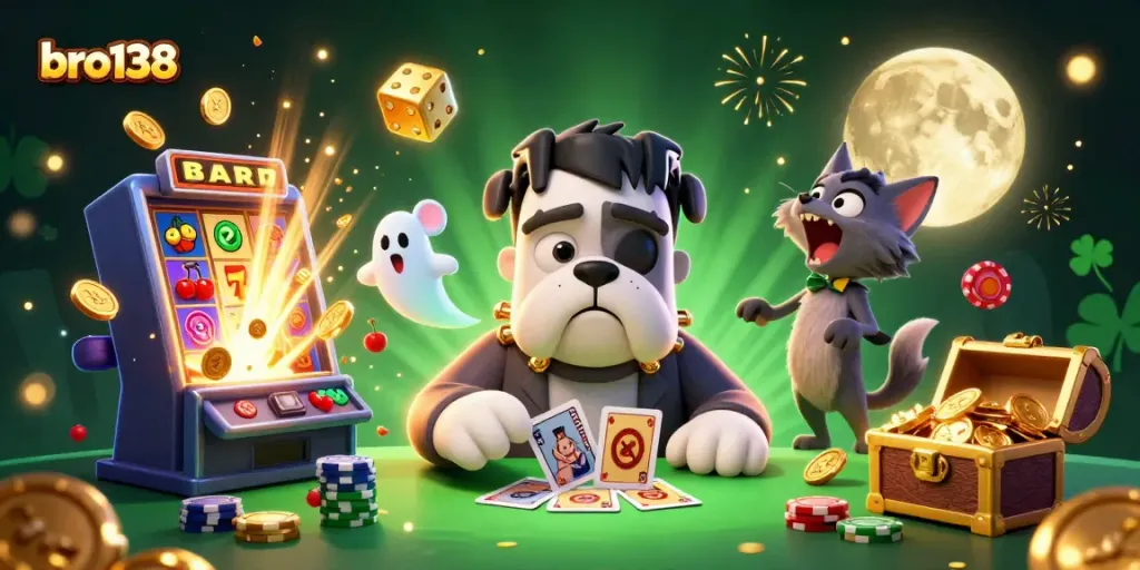 Engage with bro138 at a vibrant casino scene featuring playful characters and dynamic gaming elements.